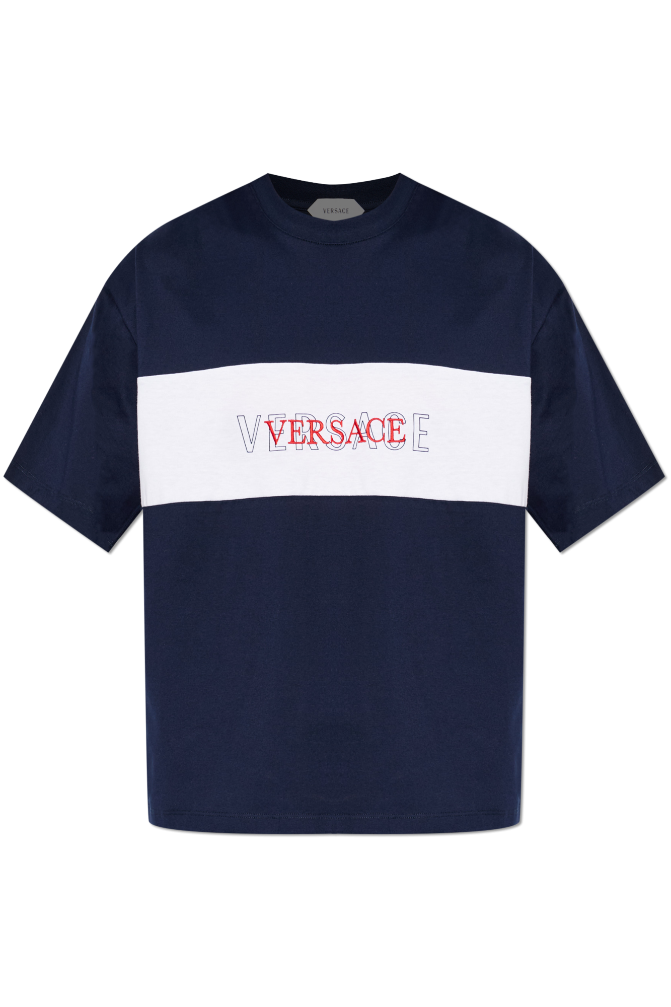 Navy blue T-shirt with embroidered logo Versace - Vitkac GB